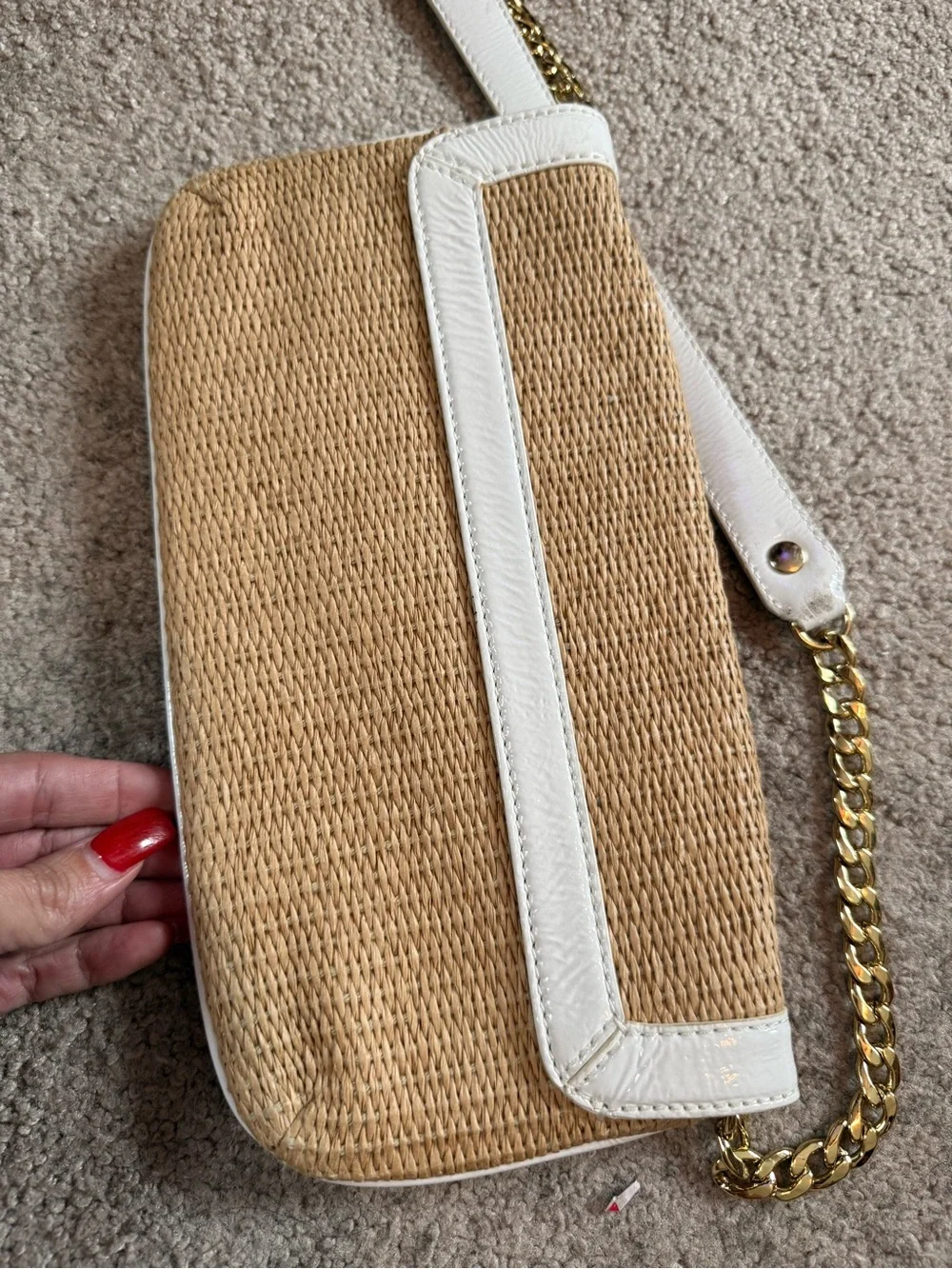 Michael Kors Natural Straw Shoulder Bag with White Trim & Gold Chain